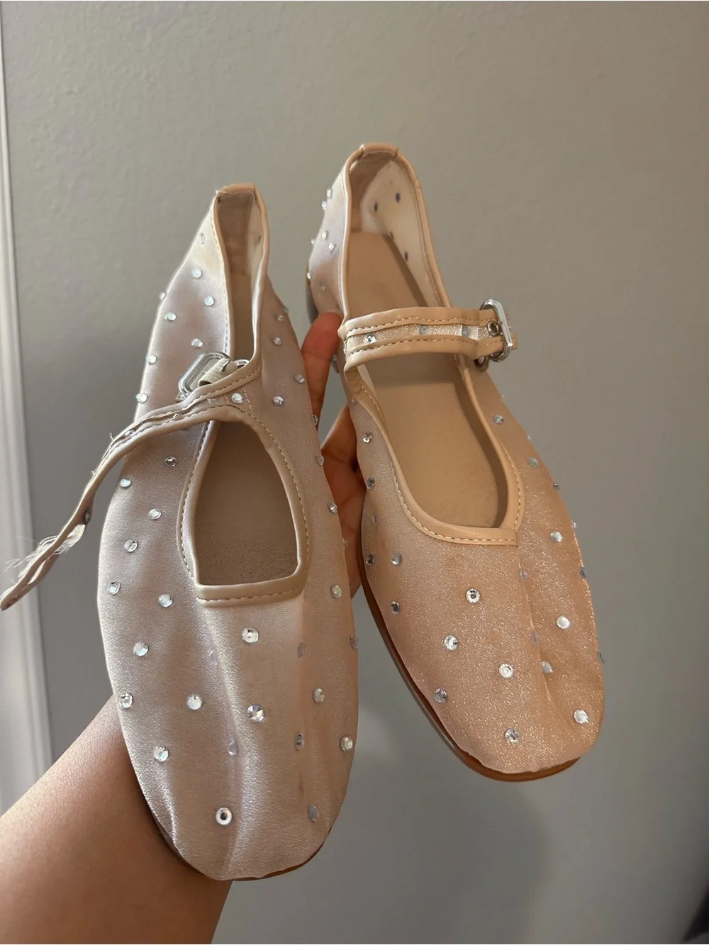 Ballet Nude Mesh Mary Jane Flats with Rhinestone Accents